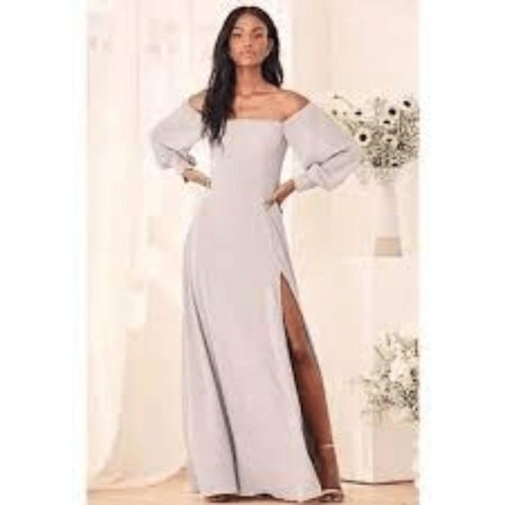 Lulus Lavender Off the Shoulder Balloon Sleeve Maxi Dress Formal Gown Slit NEW
